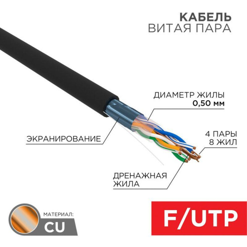 Интернет кабель витая пара с экраном FTP, CAT 5E, PE, 4х2х0,50 мм, 24AWG, внешний, черный (барабан)