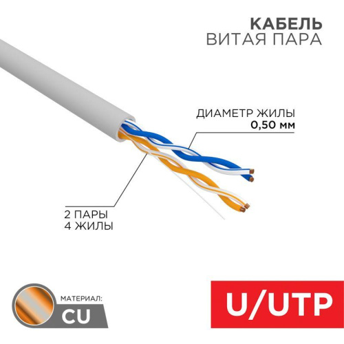 Интернет кабель витая пара UTP, CAT 5E, PVC 2x2x0,50 мм, 24AWG, внутренний, серый