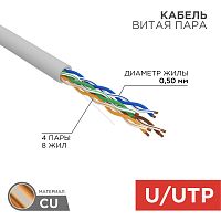 Кабель витая пара U/UTP, CAT 5e, PVC, 4PR, 24AWG, INDOOR, SOLID, серый, 50м, REXANT