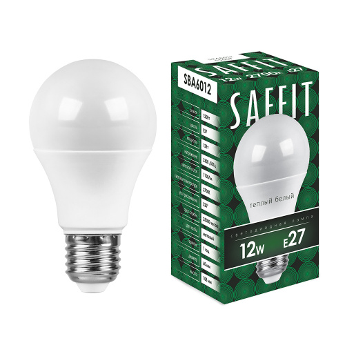 Лампа светодиодная, 12W 230V E27 2700K A60, SBA6012 SAFFIT