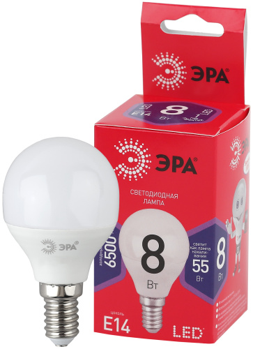 Лампочка светодиодная ЭРА RED LINE LED P45-8W-865-E14 R E14 / Е14 8Вт шар холодный дневной свет фото 2