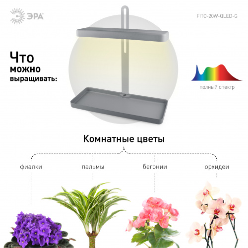 Настольный светильник для растений ЭРА FITO-20W-QLED-G полного спектра 20 Вт серый фото 4