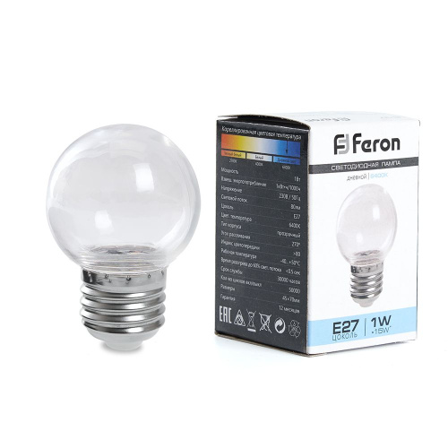 Лампа светодиодная, (1W) 230V E27 6400K G45 прозрачная, LB-37 FERON