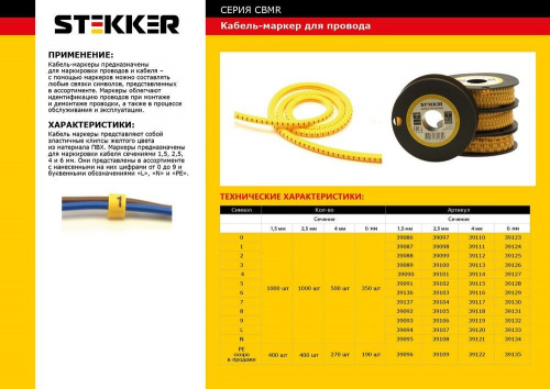 Кабель-маркер "1" для провода сеч.2,5мм , желтый, CBMR25-1 (1000шт в упак) STEKKER фото 2