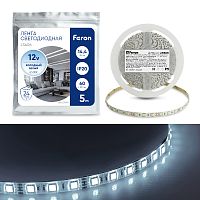 Лента светодиодная, 60SMD(5050)/m 14.4W/m 12V 5m 6500К, LS606 FERON