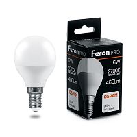 Лампа светодиодная,  (6W) 230V E14 2700K G45, LB-1406 FERON