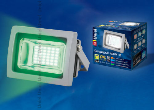 Прожектор светодиодный  ТМ UNIEL ULF-S04-10W/GREEN  85-265В GREY  Мощность 10 Вт. Корпус серый. Цвет свечения зеленый. Степень защиты IP65