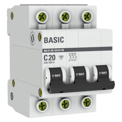 Автоматический выключатель 3P 20А (C) 4,5кА ВА 47-29  Basic mcb4729-3-20C