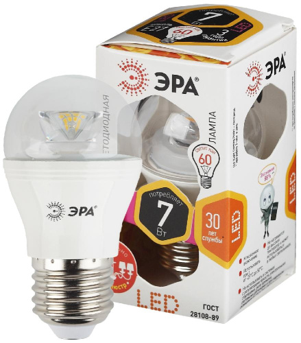 Лампочка светодиодная ЭРА STD LED P45-7W-827-E27-Clear E27 / Е27 7Вт шар теплый белый свет