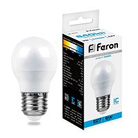 Лампа светодиодная,  (9W) 230V E27 6400K G45, LB-550 FERON