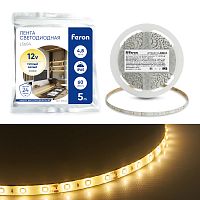 Лента светодиодная, 60SMD(2835)/m 4.8W/m 12V IP65 5m, 3000К, LS604 FERON