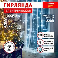 Светодиодная новогодняя гирлянда Intro Holiday INZL-02Z занавес 3*3 м холодный белый 300 led 220в