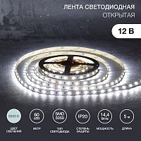 Лента светодиодная 12В, SMD5050, 14,4Вт/м, 60 LED/м, 6500К, 10мм, 5м, для БП с клеммами, IP20 LAMPER
