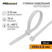 Стяжка кабельная нейлоновая 200x3,6мм, белая (100 шт/уп) PROconnect