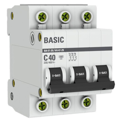 Автоматический выключатель 3P 40А (C) 4,5кА ВА 47-29  Basic mcb4729-3-40C