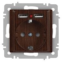 Розетка Intro Accent 6-410-10 , P+E Schuko со шторками, 16А-250В + 2хUSB, IP20, СУ, венге