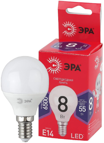 Лампочка светодиодная ЭРА RED LINE LED P45-8W-865-E14 R E14 / Е14 8Вт шар холодный дневной свет
