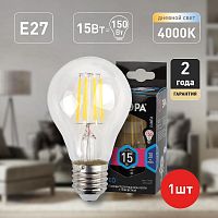 Лампочка светодиодная ЭРА F-LED A60-15W-840-E27 Е27 / Е27 15Вт филамент груша нейтральный белый свет