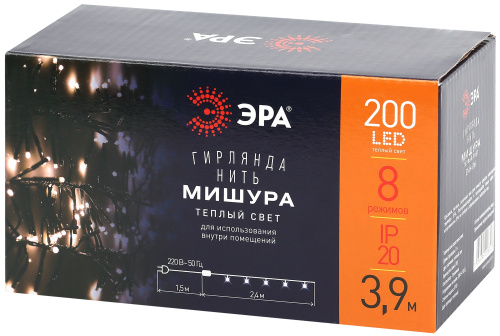 ENIN - GW ЭРА Гирлянда LED Нить Мишура 3,9 м зеленый провод, теплый свет,  220V (24/576) фото 9