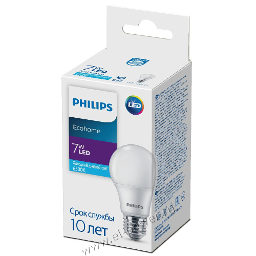 Лампочка светодиодная Philips Ecohome LED A60 7Вт 6500К Е27/E27 груша матовая, холодный дневной свет