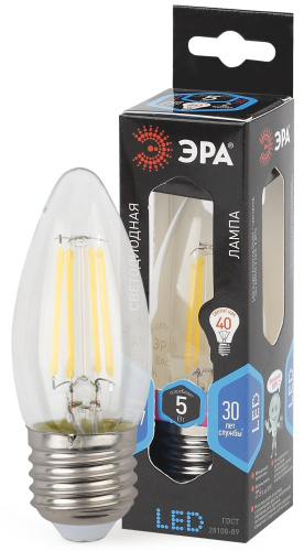 Лампочка светодиодная ЭРА F-LED B35-5W-840-E27 Е27 / Е27 5Вт филамент свеча нейтральный белый свет фото 2