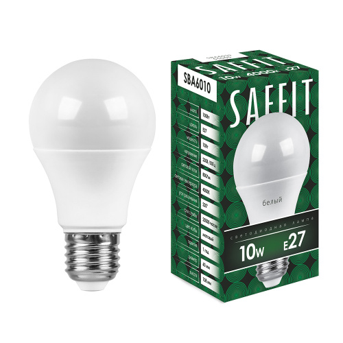 Лампа светодиодная, 10W 230V E27 4000K A60, SBA6010 SAFFIT