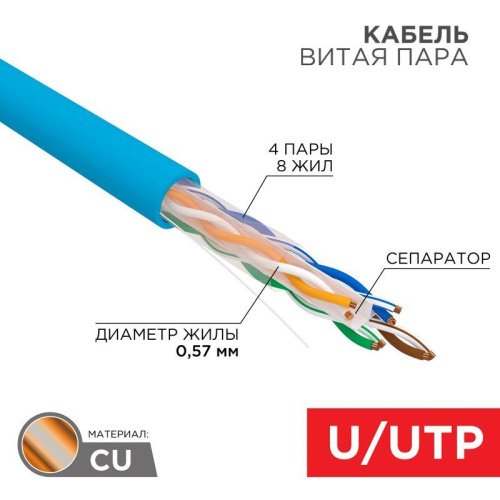 Интернет кабель витая пара U/UTP 4х2х23AWG кат.6 solid CU PVC син. 305м (м) Rexant 01-0047