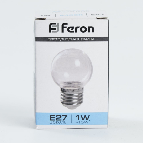 Лампа светодиодная, (1W) 230V E27 6400K G45 прозрачная, LB-37 FERON фото 3