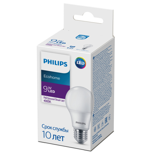 Лампочка светодиодная Philips Ecohome LED A60 9Вт 4000К Е27/E27 груша матовая, нейтральный белый све фото 2