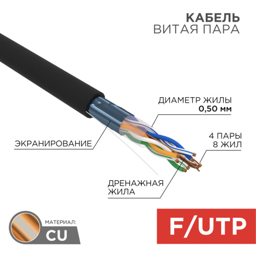 Интернет кабель витая пара с экраном FTP, CAT 5E, PE 4х2х0,50 мм, 24AWG, внешний, черный (коробка)