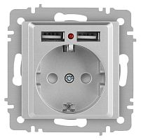 Розетка Intro Accent 6-410-03 , P+E Schuko со шторками, 16А-250В + 2хUSB, IP20, СУ, алюминий