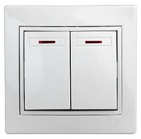 1Э-105-01 Intro Выключатель двойной с подсветкой, 10А-250В, СУ, б.л., Plano, белый (10/200/2400)