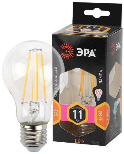 Лампочка светодиодная ЭРА F-LED A60-11W-827-E27 Е27 / Е27 11Вт филамент груша теплый белый свет фото 2