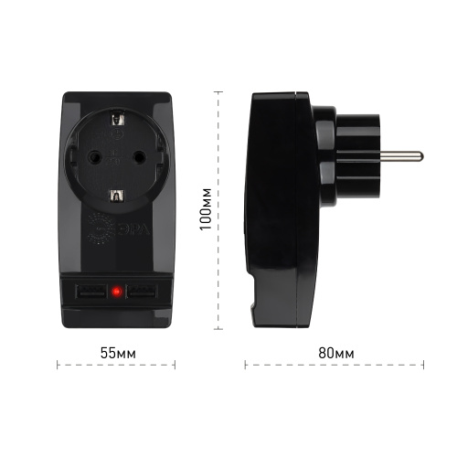 Разветвитель электрический ЭРА на 1 розетку + 2 USB с заземлением 16А черный фото 3