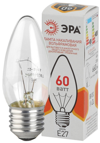 Лампочка ЭРА B36 60Вт Е27 / E27 230В свечка прозрачная цветная упаковка фото 2