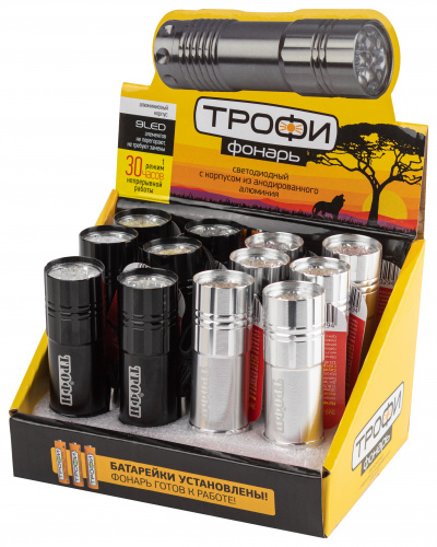 Светодиодный фонарь Трофи TM9-box12 ручной на батарейках промо-бокс 12шт алюминиевый фото 5