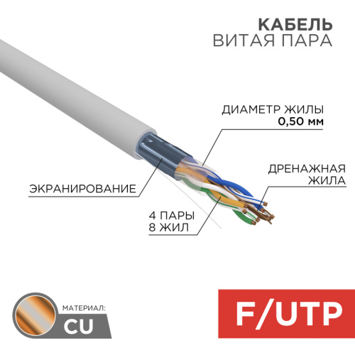 Интернет кабель витая пара с экраном FTP, CAT 5E, ZH нг(А)-HF, (LSZH), 4х2х0,50 мм, 24AWG, внутренни