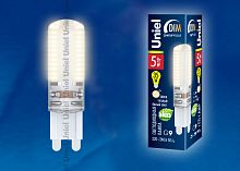 Лампа светодиодная диммируемая LED-JCD-5W/WW/G9/CL/DIM SIZ03TR  с силиконовым покрытием. Цвет свечения теплый белый. Упаковка картон. ТМ Uniel