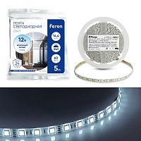 Лента светодиодная, 60SMD(5050)/m 14.4W/m 12V IP65 5m 6500К, LS607 FERON