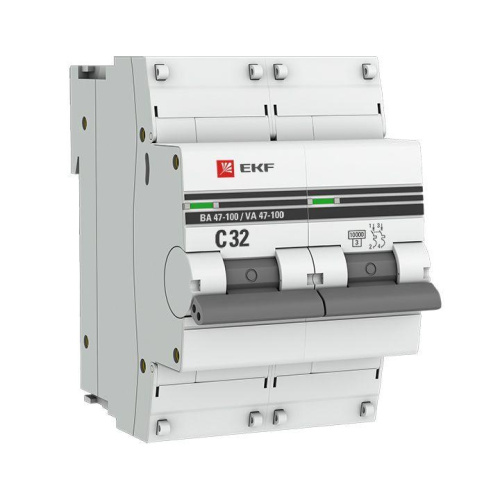Автоматический выключатель 2P 32А (C) 10kA ВА 47-100 EKF PROxima mcb47100-2-32C-pro