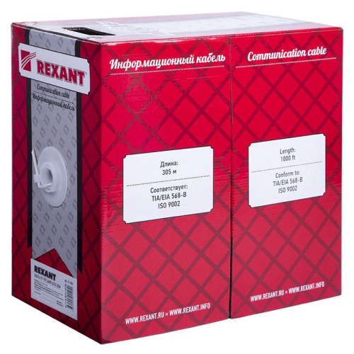 Кабель витая пара U/UTP кат.5E 1х2х24AWG solid CU PVC сер. (м) Rexant 01-0002 фото 2