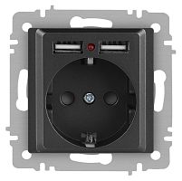 Розетка Intro Accent 6-410-07 P+E Schuko со шторками, 16А-250В + 2хUSB, IP20, СУ, графит