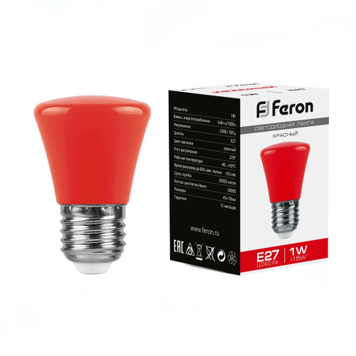Лампа светодиодная,  (1W) 230V E27 красный C45, LB-372 FERON