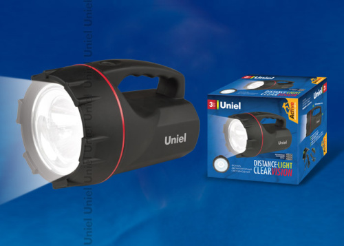 Фонарь Uniel S-SL018-BA Black серии Стандарт Distance light — Clear Vision, прорезиненный корпус, 3W Led, упаковка — цветной короб, 3.7V 1100mAh Li-ion в/к, цвет — черный