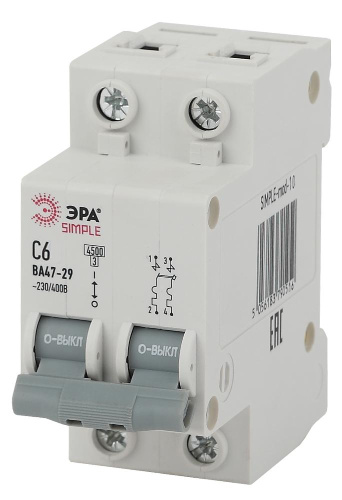 Автоматический выключатель ЭРА SIMPLE SIMPLE-mod-10 ВА 47-29 2P 6А кривая C 4,5кА