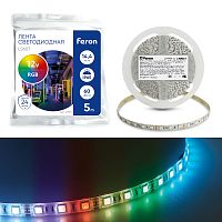 Лента светодиодная, 60SMD(5050)/m 14.4W/m 12V IP65 5m RGB , LS607 FERON