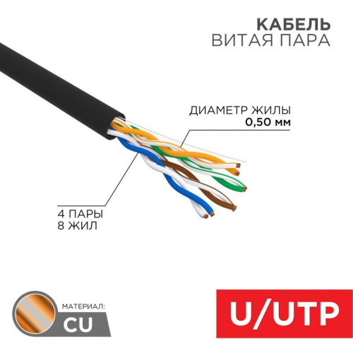 Интернет кабель витая пара UTP, CAT 5E, PE 4х2х0,50 мм, 24AWG, внешний, черный