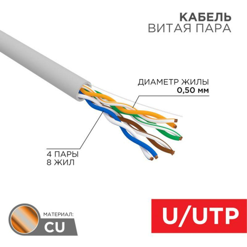 Интернет кабель витая пара UTP, CAT 5E, PVC 4x2x0,50 мм, 24AWG, внутренний, серый